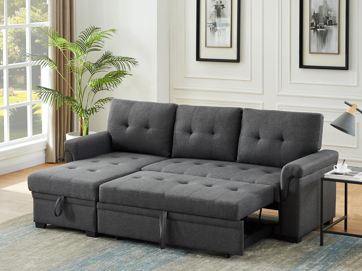 Lilola Home Lucca 84-inch Reversible Sleeper Sectional Sofa with Pull-Out Bed & Storage Chaise, Dark Gray Linen Fabric, Tufted Back, Modern Compact Couch for Living Room, Easy Assembly