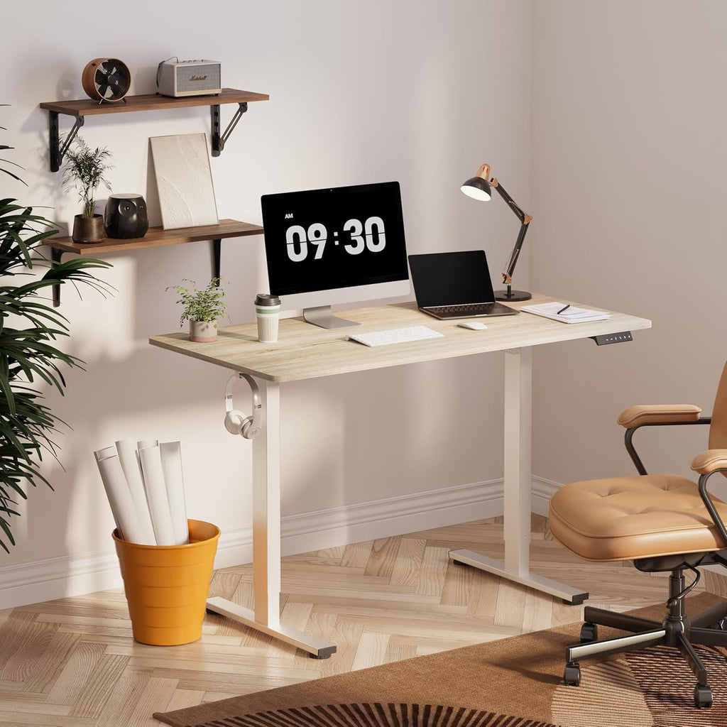 FLEXISPOT EN1 One-Piece Standing Desk 55 x 28 Inch Electric Adjustable Height Desk for Home Office and Computer Workstation (White Frame + 55" Maple Top, 2 Packages)