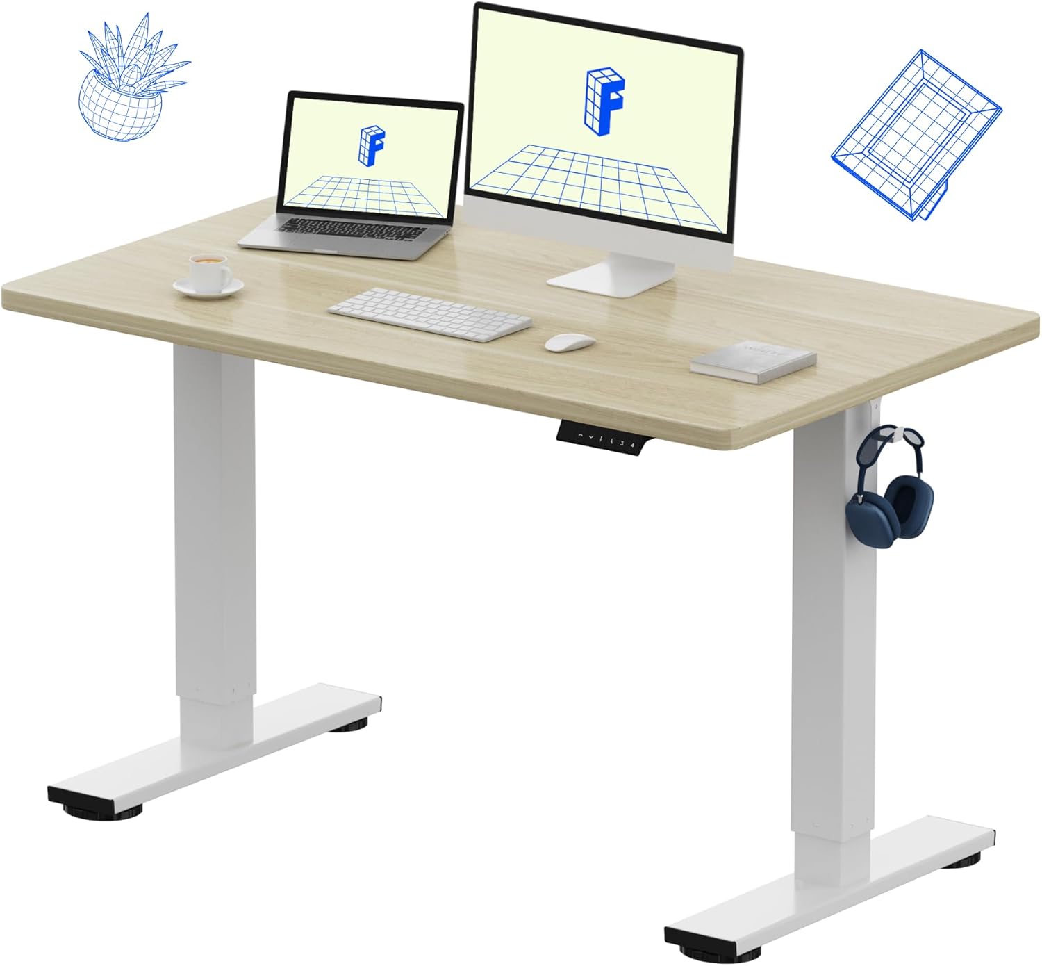 FLEXISPOT EN1 One-Piece Standing Desk 55 x 28 Inch Electric Adjustable Height Desk for Home Office and Computer Workstation (White Frame + 55" Maple Top, 2 Packages)