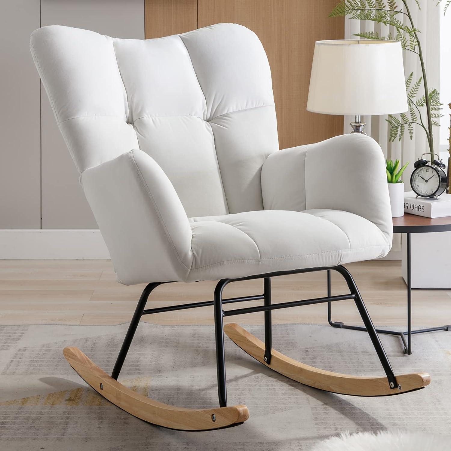 NIOIIKIT Nursery Rocking Chair Teddy Upholstered Glider Rocker Rocking Accent Chair Padded Seat with High Backrest Armchair Comfy Side Chair for Living Room Bedroom Offices (Ivory Teddy)