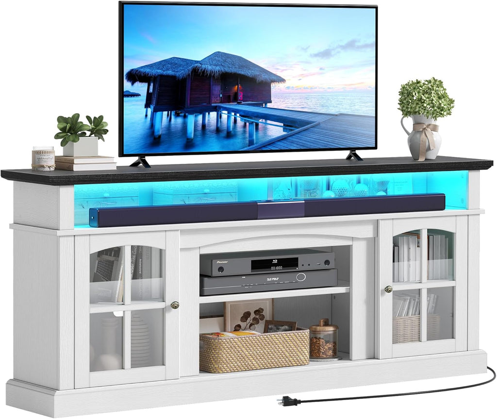 LED Farmhouse TV Stand for TV up to 75" w/Outlets, Highboy Media Entertainment Center Console Table Adjustable Storage Shelves &Cabinet Glass Door for 400lbs for Living Room