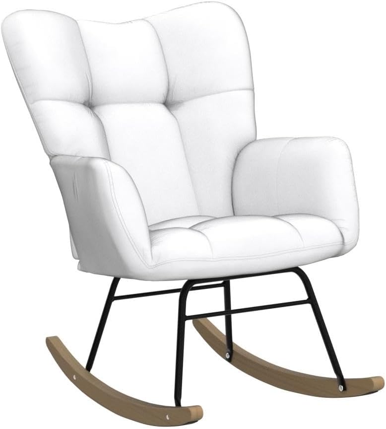 NIOIIKIT Nursery Rocking Chair Teddy Upholstered Glider Rocker Rocking Accent Chair Padded Seat with High Backrest Armchair Comfy Side Chair for Living Room Bedroom Offices (Ivory Teddy)