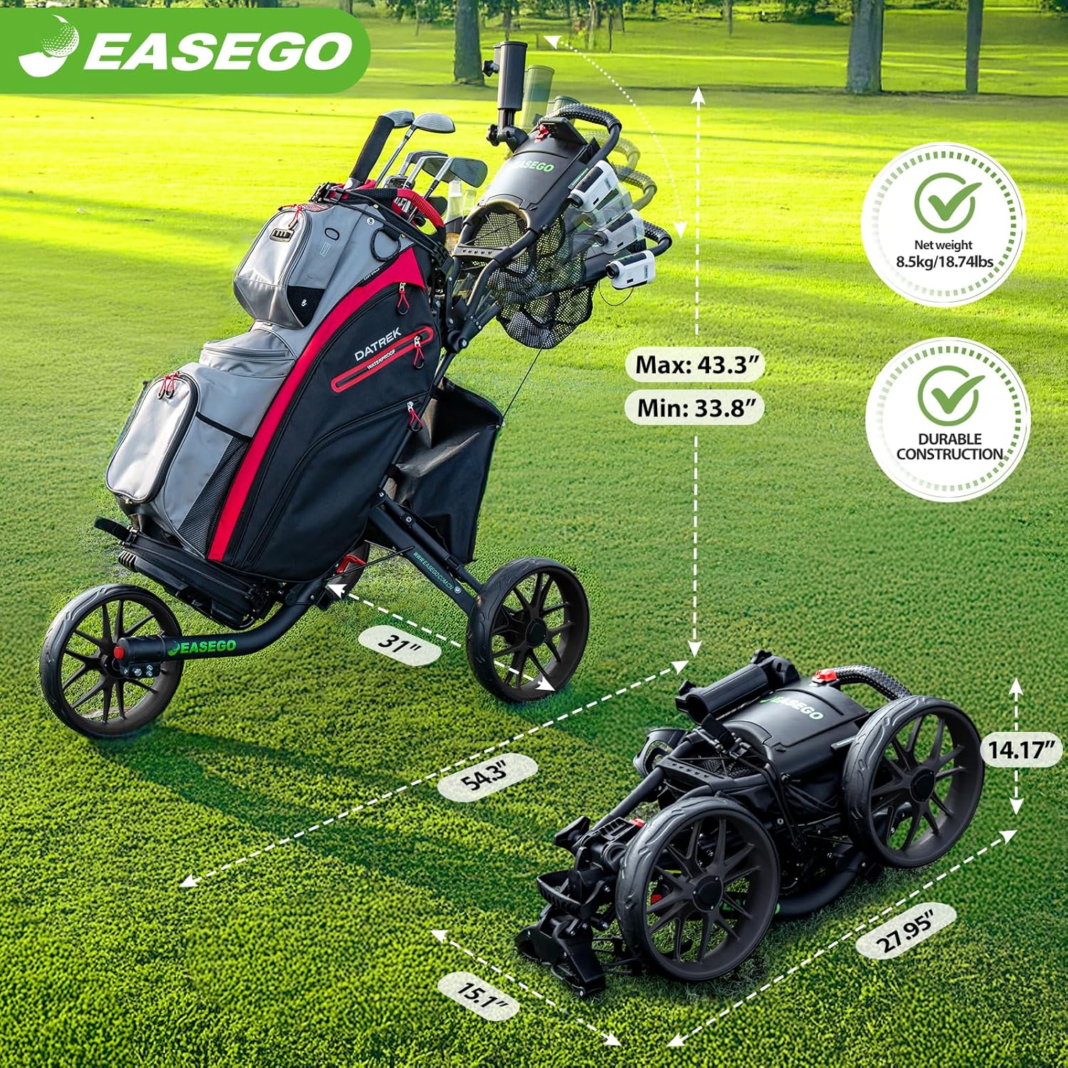 Golf Push Cart 3 Wheel : Golf Bag Cart Foldable with Phone Holder/Cup/Umbrella Holder Compact Golf Pull Carts Quick Fold Golf Caddy Push Carts with Large Wheelbase for Different Terrain