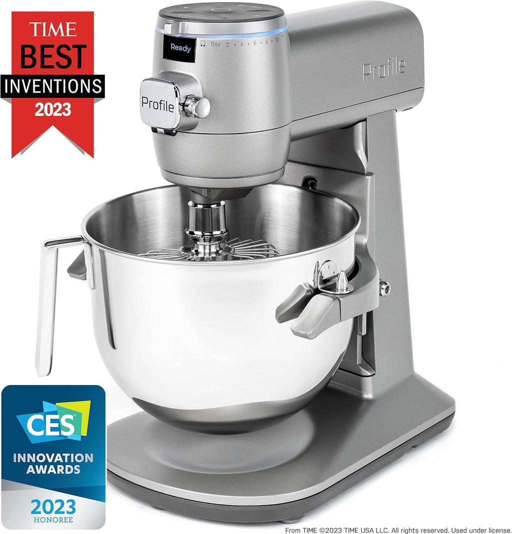 GE Profile Smart Stand Mixer w/Built-In Smart Scale & Auto Sense Technology, 7qt Stainless Steel Bowl, 11 Speed l Dough Hook, Beater, 11-wire whip l works w/Amazon Alexa & Google Home l Stone White