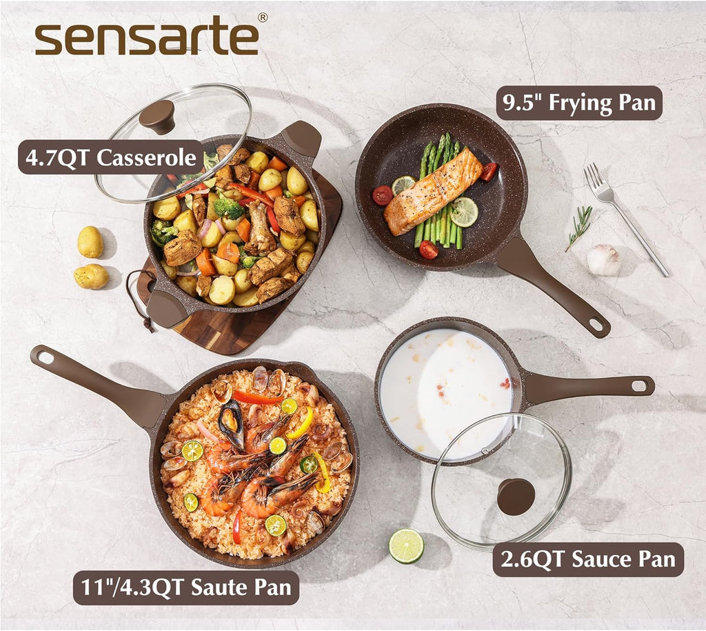 SENSARTE Nonstick Cookware Set 13-Piece, Healthy Pots and Pans Set Non-toxic Kitchen Cooking Set with Granite Coating, Stay-Cool Handles, Silicone Utensils and Pot Protectors, PFOA Free