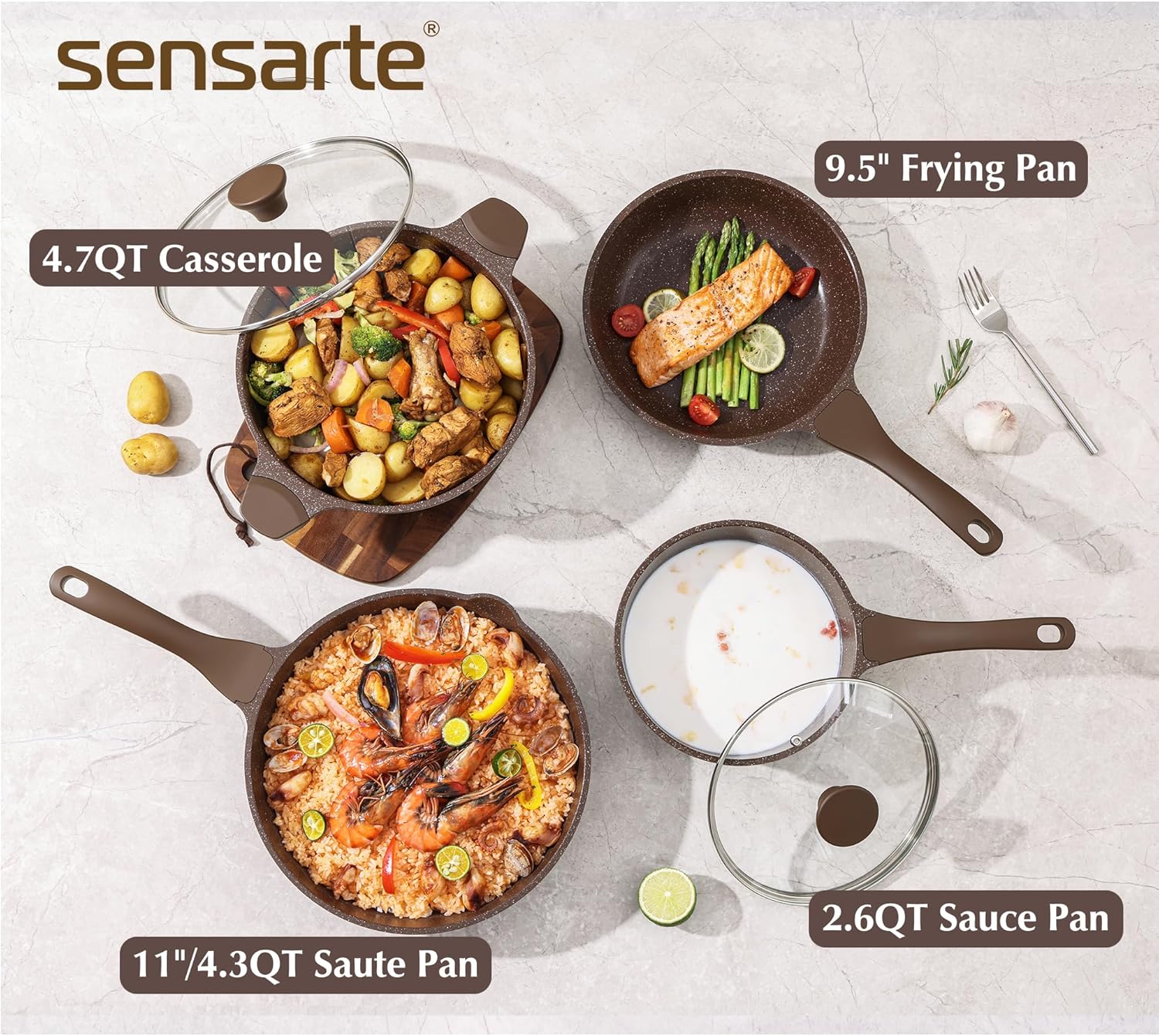 SENSARTE Nonstick Cookware Set 13-Piece, Healthy Pots and Pans Set Non-toxic Kitchen Cooking Set with Granite Coating, Stay-Cool Handles, Silicone Utensils and Pot Protectors, PFOA Free