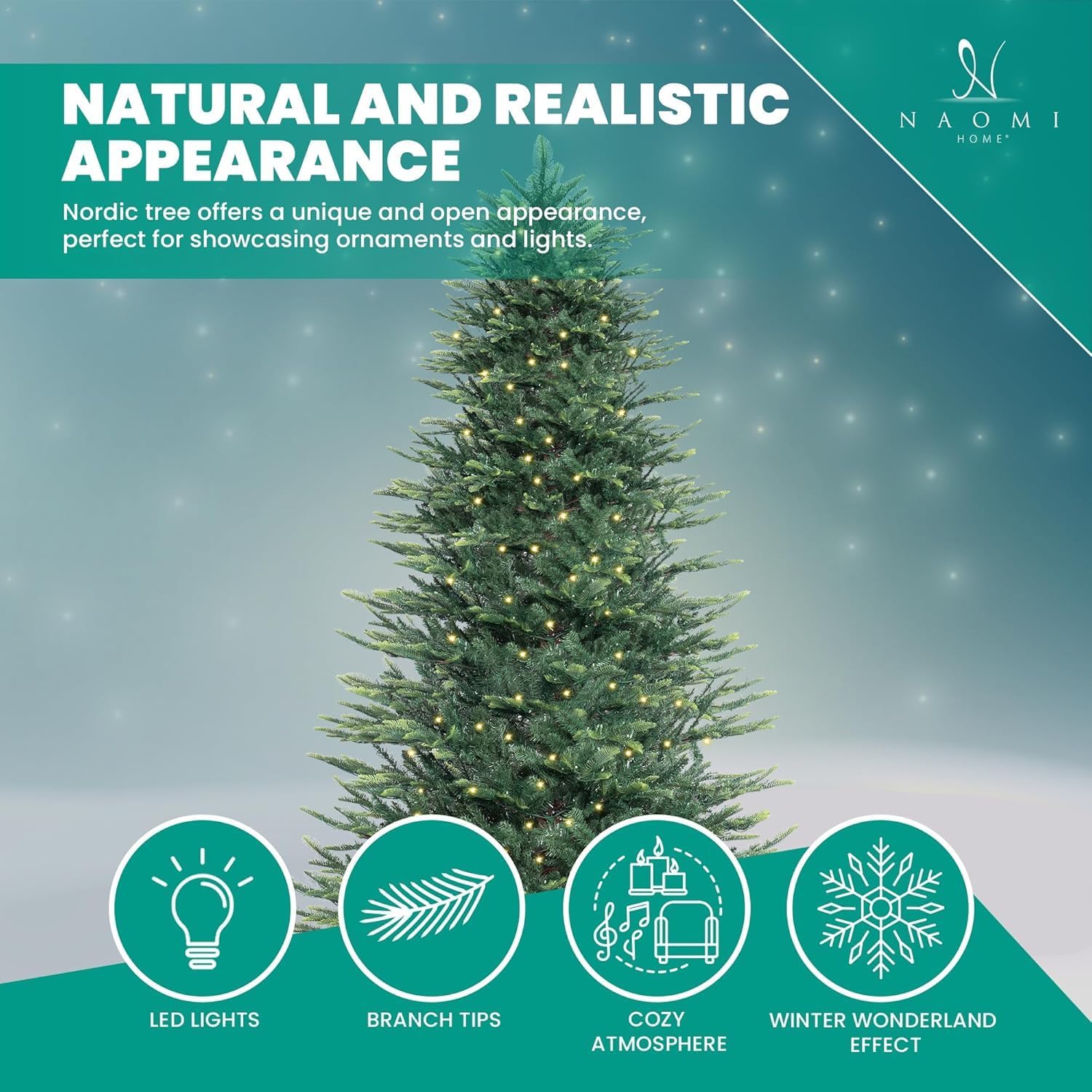 Naomi Home 6.5ft Rustic Christmas Tree with Lights, Realistic Classic Prelit with 2595 Branch Tips, 600 Warm Lights and Metal Stand, Aritificial Tree