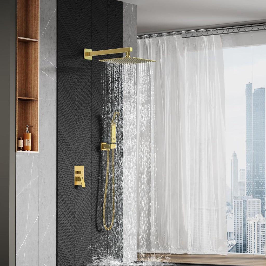 SR SUN RISE 12 Inches Matte Black Shower System 12 Inch Brass Bathroom Luxury Rain Mixer Shower Combo Set Wall Mounted Rainfall Shower Head System Shower Faucet Rough-in Valve Body and Trim Included