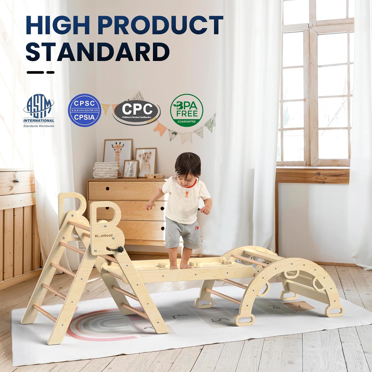 BlueWood Pikler Triangle Set 7in1 Foldable Baby Climbing Wooden Toys with Arch&Ramp&Ladder Climber Indoor Jungle Gyms for Toddlers - Natural Wood
