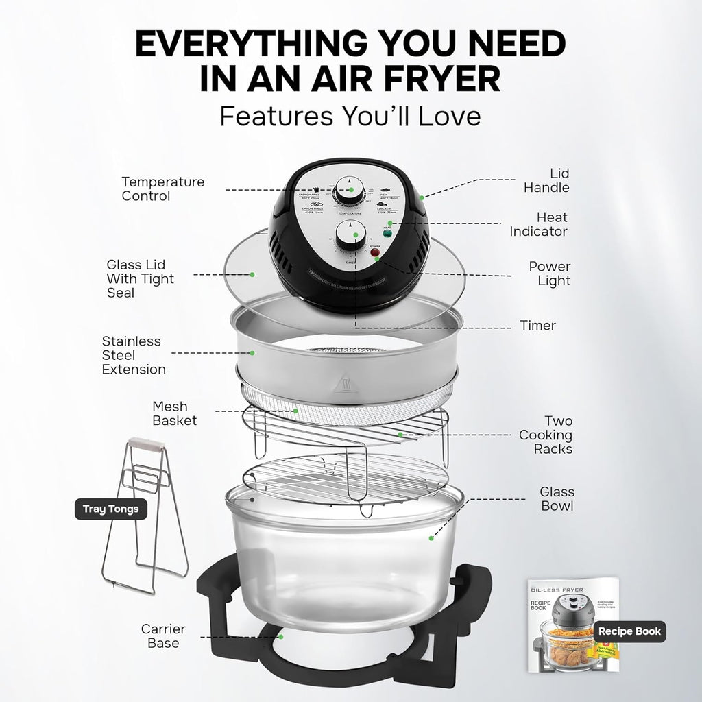 Large Air Fryer Oven – Large Halogen Oven Cooker with 50+ Air Fryers Recipe Book for Quick + Easy Meals for Entire Family, AirFryer Oven Makes Healthier Crispy Foods