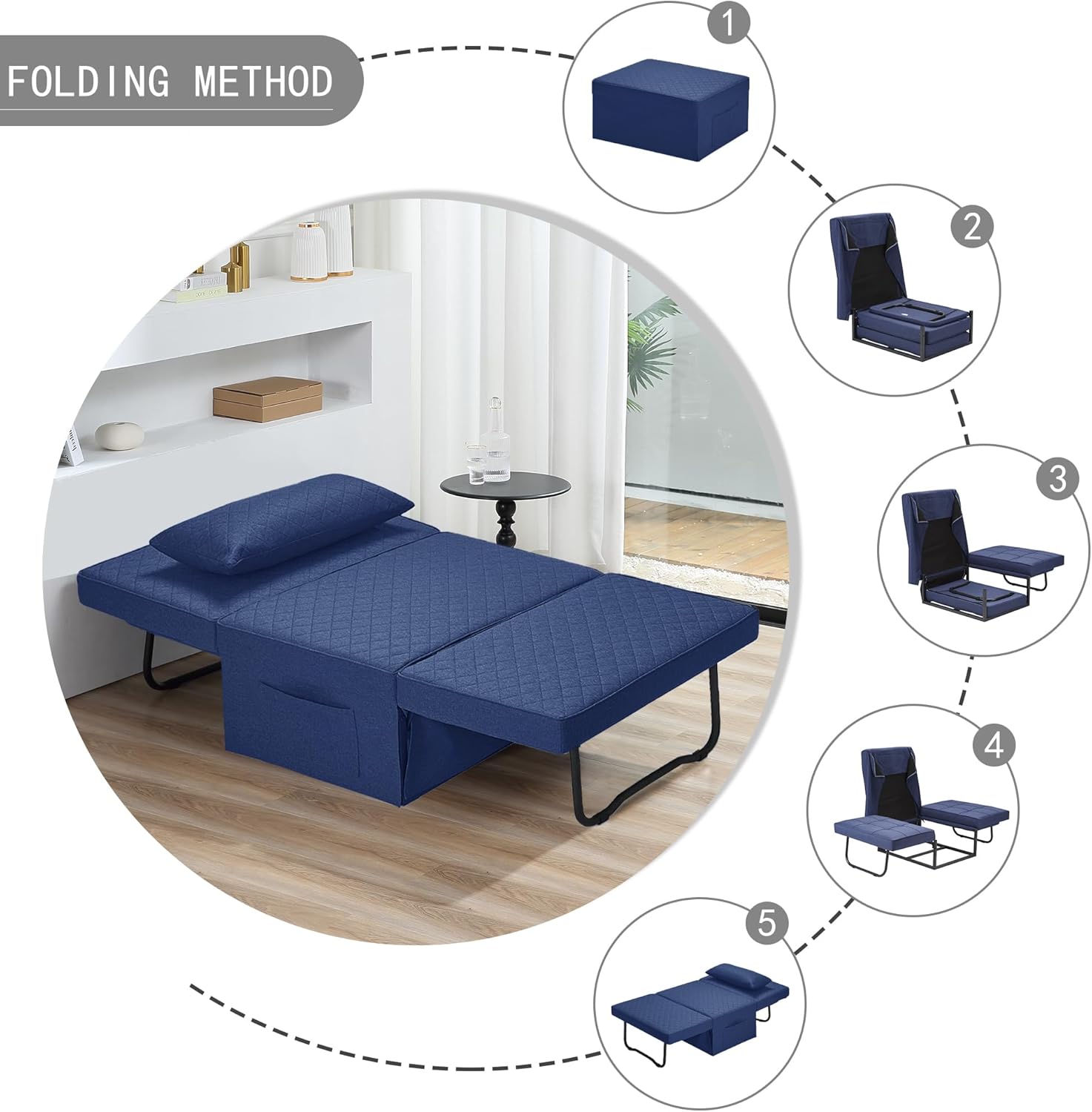 Sofa Bed, 4 in 1 Multi-Function Folding Ottoman Breathable Linen Couch Bed with Adjustable Backrest Modern Convertible Chair for Living Room Apartment Office