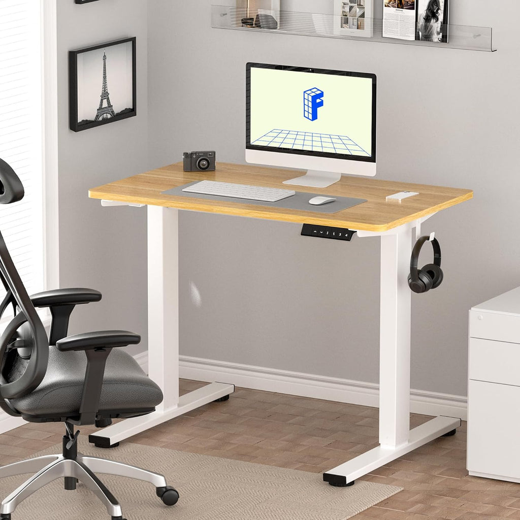 FLEXISPOT EN1 One-Piece Standing Desk 55 x 28 Inch Electric Adjustable Height Desk for Home Office and Computer Workstation (White Frame + 55" Maple Top, 2 Packages)