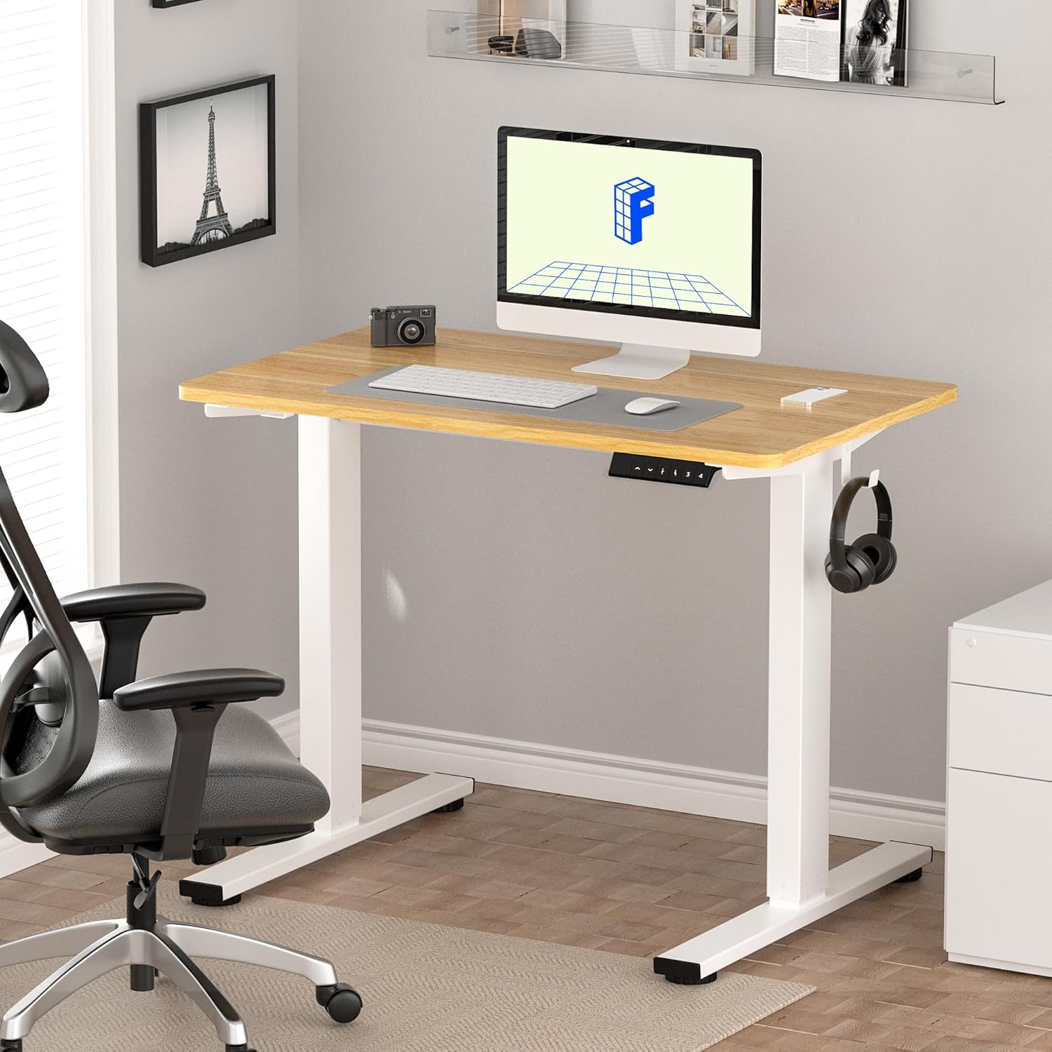 FLEXISPOT EN1 One-Piece Standing Desk 55 x 28 Inch Electric Adjustable Height Desk for Home Office and Computer Workstation (White Frame + 55" Maple Top, 2 Packages)