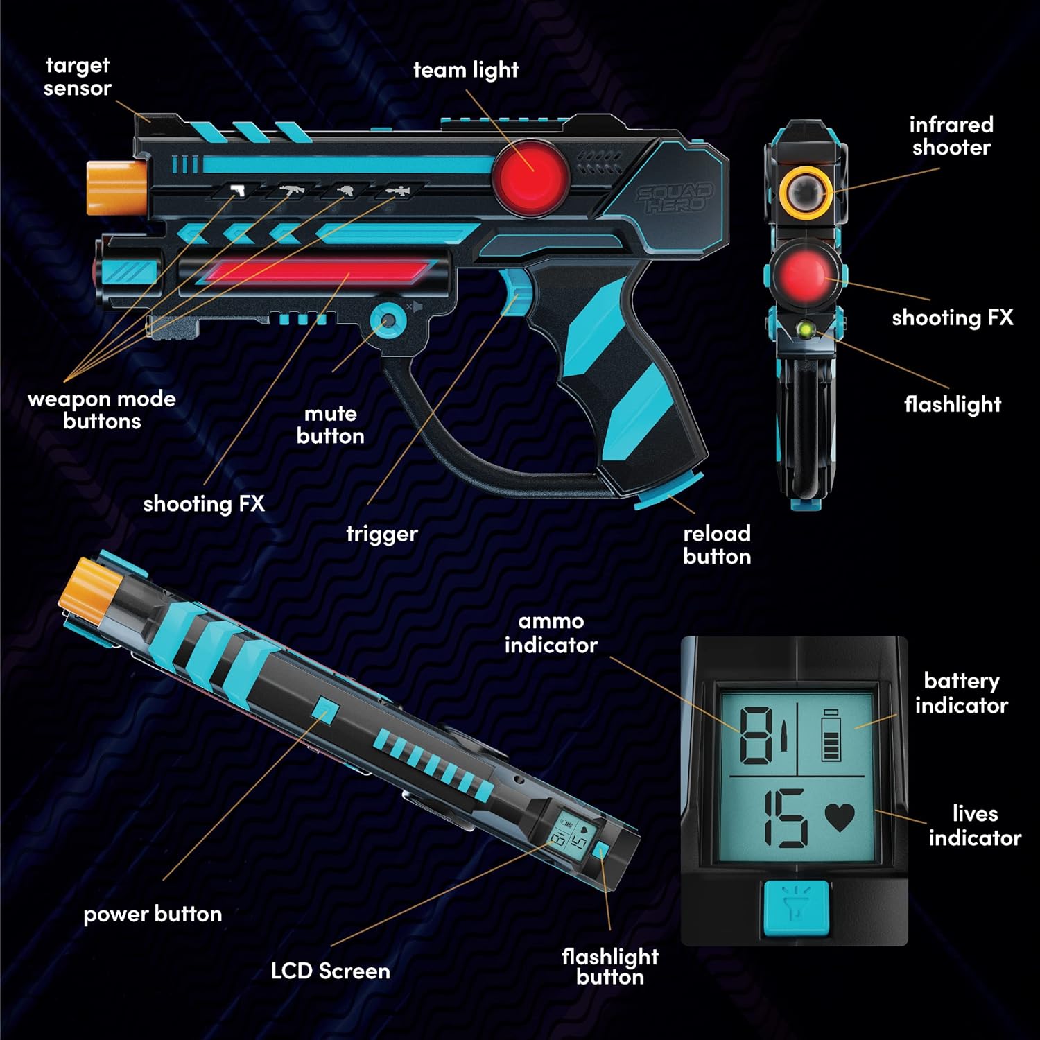 Squad Hero Rechargeable Laser Tag 360° Sensors + LCDs - Set of 4 - Gift Ideas for Kids Teens and Adults Boys & Girls Family Fun - Cool Teenage Lazer Group Activity - Teen Gifts Ages 8+ Year Old Boy