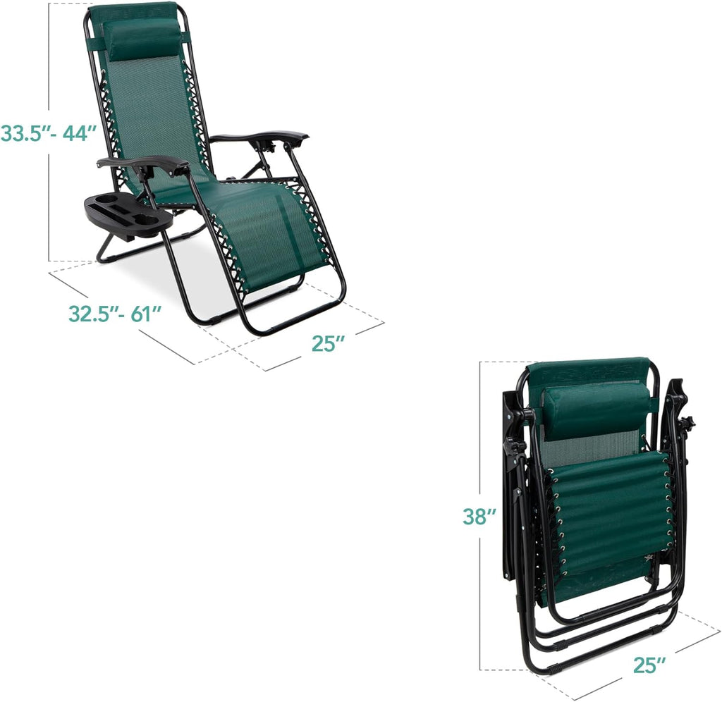 Best Choice Products Set of 2 Adjustable Steel Mesh Zero Gravity Lounge Chair Recliners w/Pillows and Cup Holder Trays - Beige