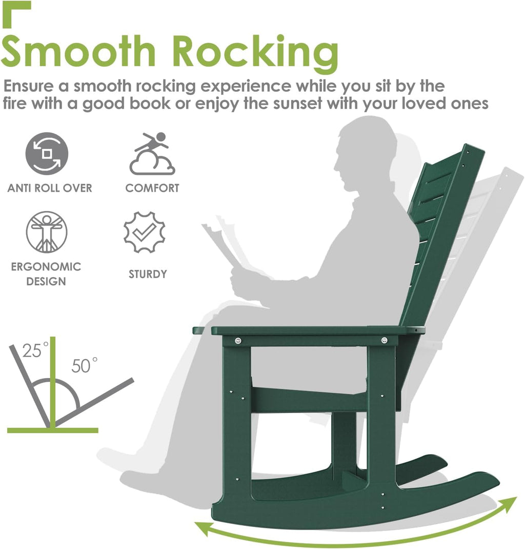 GREENVINES Outdoor Rocking Chairs | Set of 2 | Porch Rocker | HDPE Plastic | Black | Oversized Rockers | High Back | Big & Tall | Ladder Back | for Patio Outside Backyard Balcony Garden