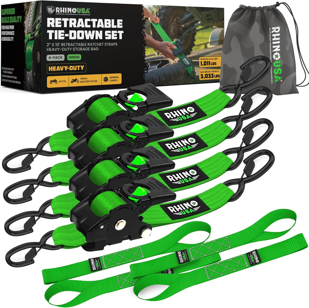 Rhino USA Retractable Ratchet Straps (2-Pack) - 2 Inch x 10 Feet (3,033lb Break Strength) - Heavy Duty Auto Self Retracting Tie Down Straps for Truck, Cargo Trailer, Motorcycle, Rad & More - Orange