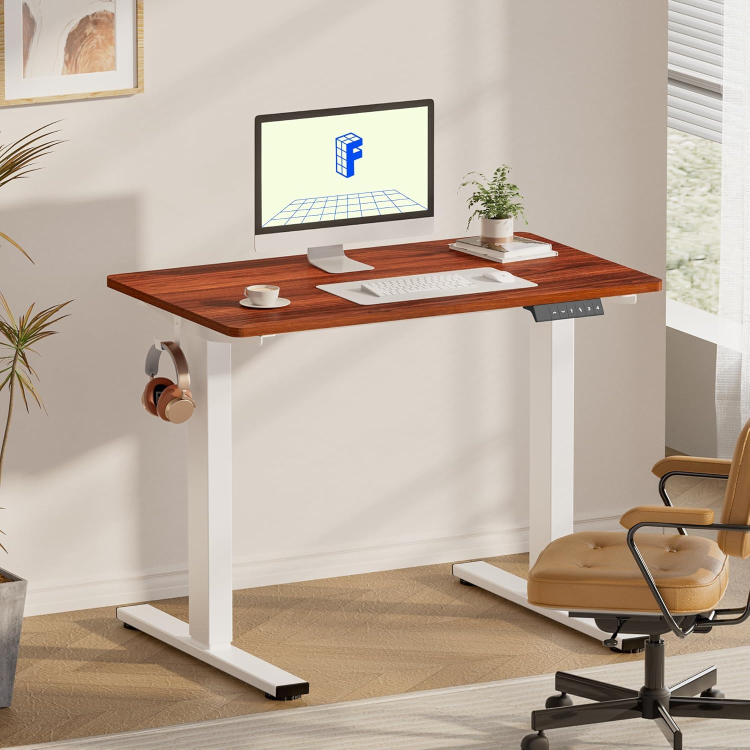 FLEXISPOT EN1 One-Piece Standing Desk 55 x 28 Inch Electric Adjustable Height Desk for Home Office and Computer Workstation (White Frame + 55" Maple Top, 2 Packages)