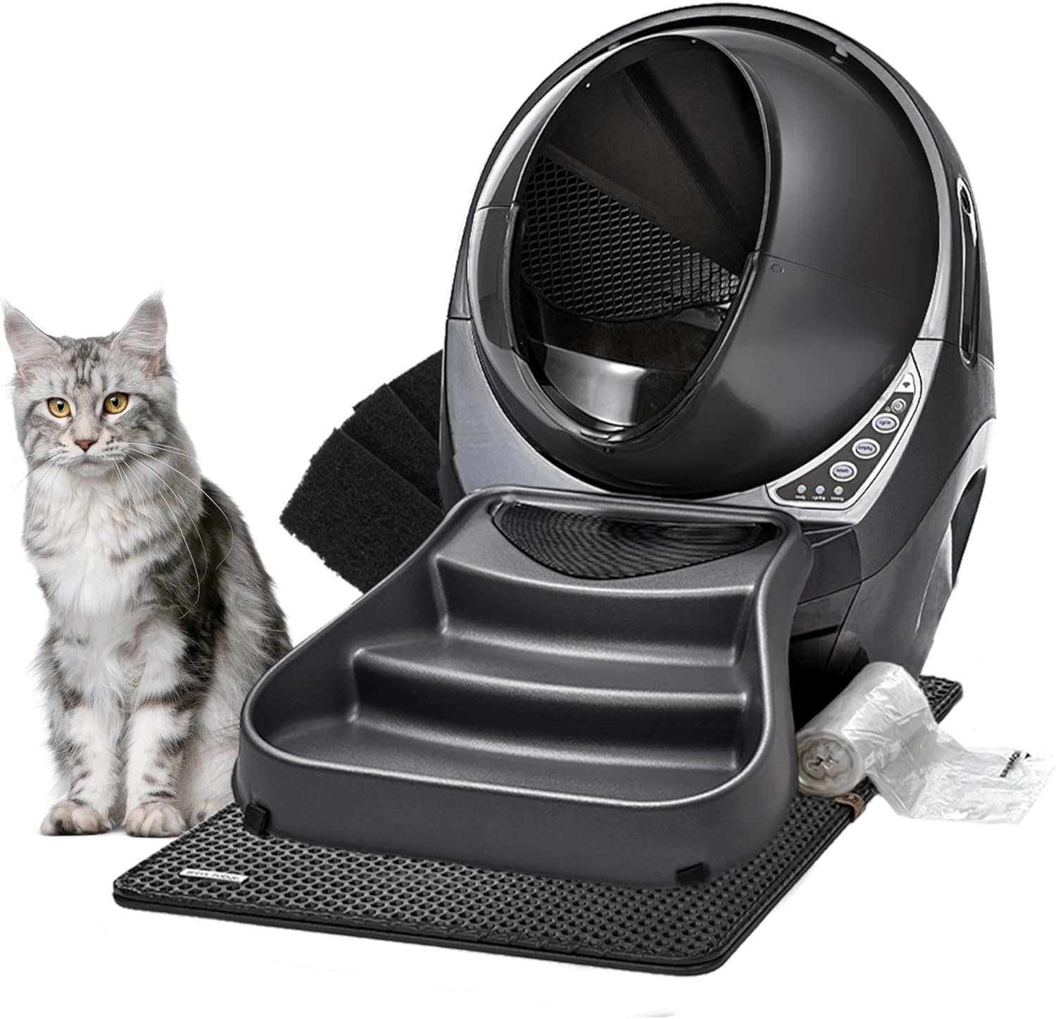 Whisker Litter-Robot 3 Core Bundle (Grey) - Self-Cleaning Cat Litter Box, Includes Litter-Robot, Mat, Fence, Ramp, (25) Liners & (3) Carbon Filters, Complimentary 1-Year Care Warranty