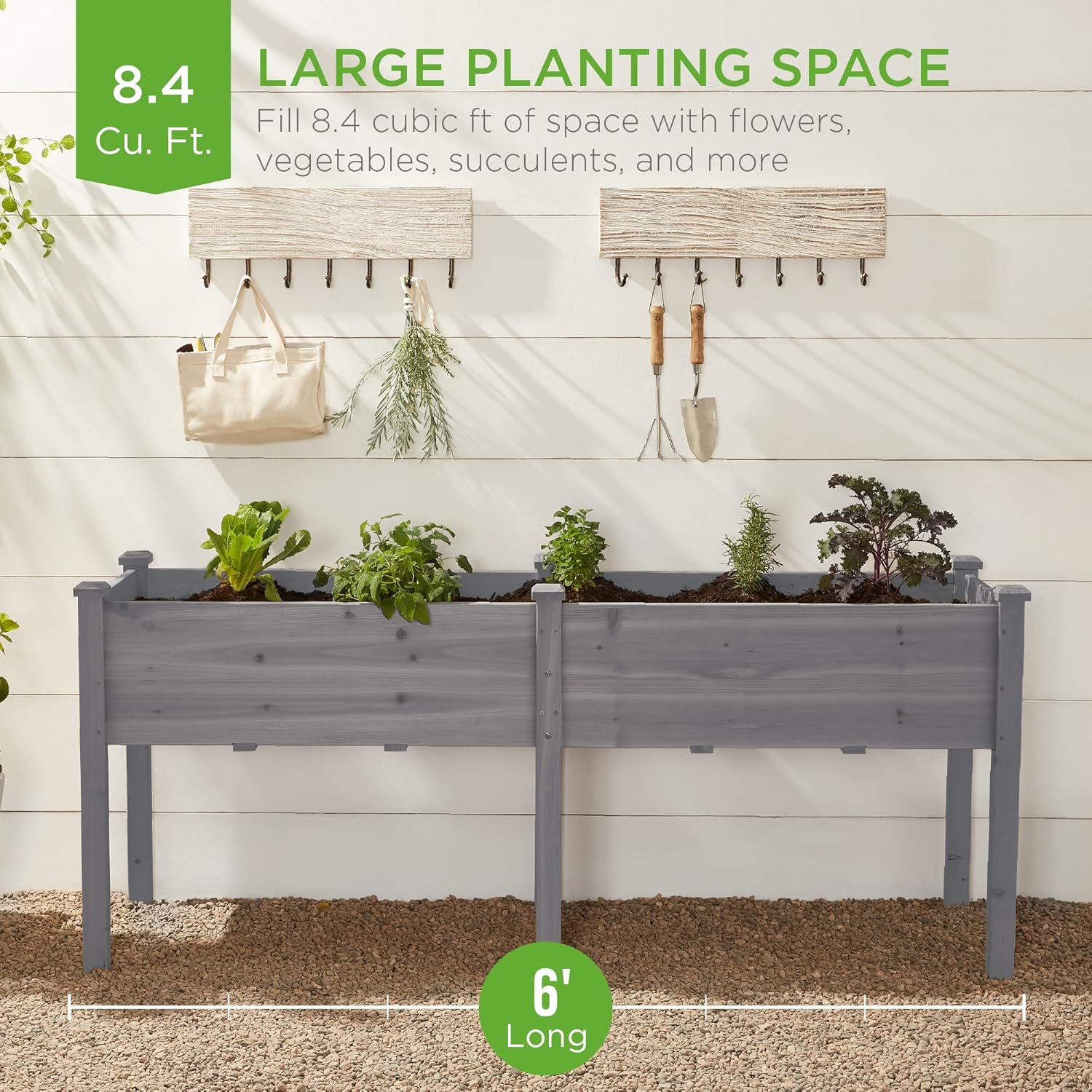 Best Choice Products 72x23x30in Raised Garden Bed, Elevated Wood Planter Box Stand for Backyard, Patio, Balcony w/Divider Panel, 6 Legs, 300lb Capacity - Natural