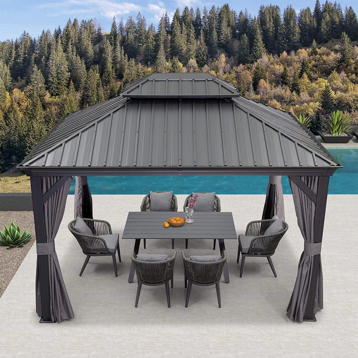 💖Clearance sale✨10’ft x 12’ft Hardtop Gazebo, With Privacy Curtain And Mosquito Net（brown）（Grey）