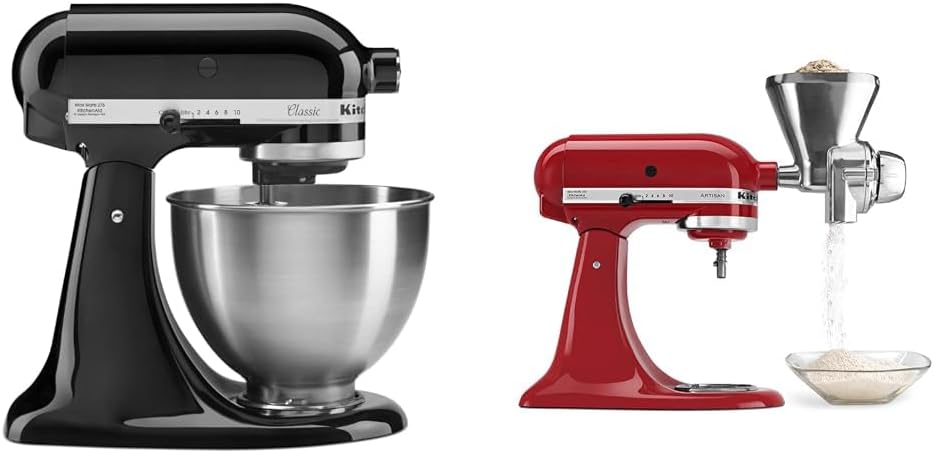 KitchenAid Classic Series 4.5 Quart Tilt-Head Stand Mixer K45SS, White & ® Food Grinder + Fresh Prep Slicer/Shredder Attachment Bundle, White