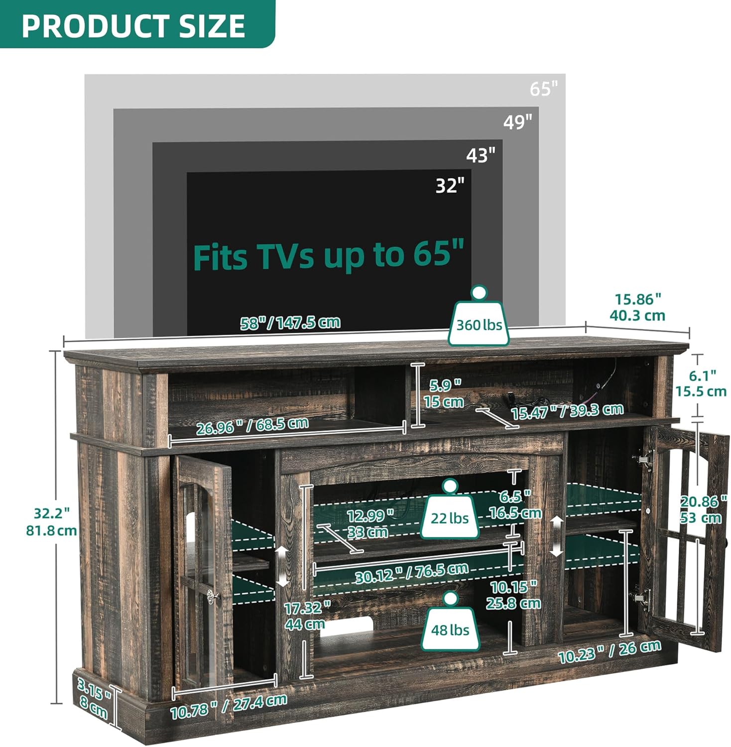 LED Farmhouse TV Stand for TV up to 75" w/Outlets, Highboy Media Entertainment Center Console Table Adjustable Storage Shelves &Cabinet Glass Door for 400lbs for Living Room