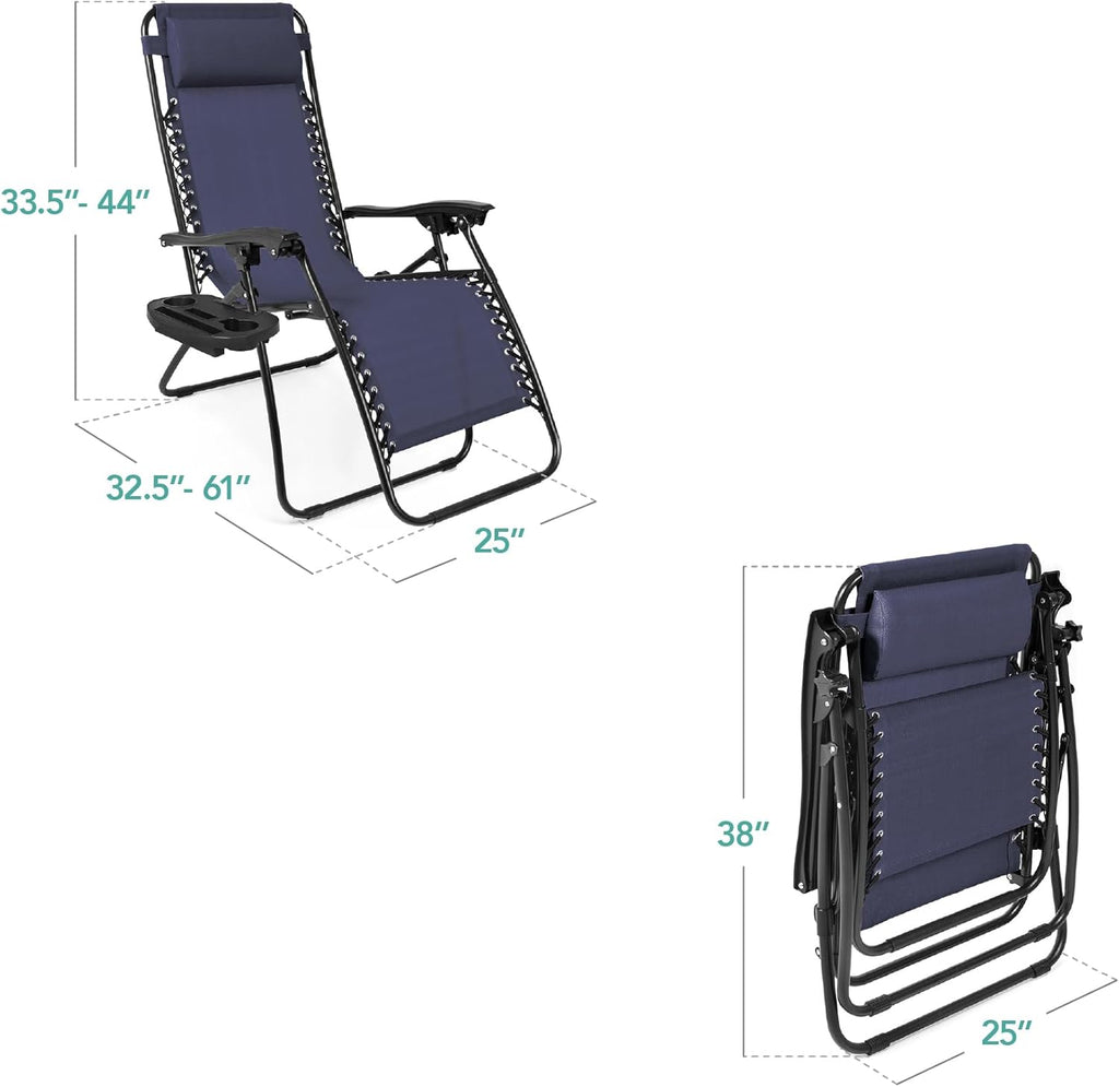 Best Choice Products Set of 2 Adjustable Steel Mesh Zero Gravity Lounge Chair Recliners w/Pillows and Cup Holder Trays - Beige
