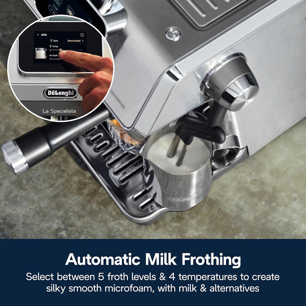 De'Longhi La Specialista Maestro Espresso Machine with Grinder, Auto & Manual Milk Frother – Bean-to-Cup Cold Brew Coffee with Cold Extraction Technology, Variable Temp & Tamping Tool, 8 Drink Presets