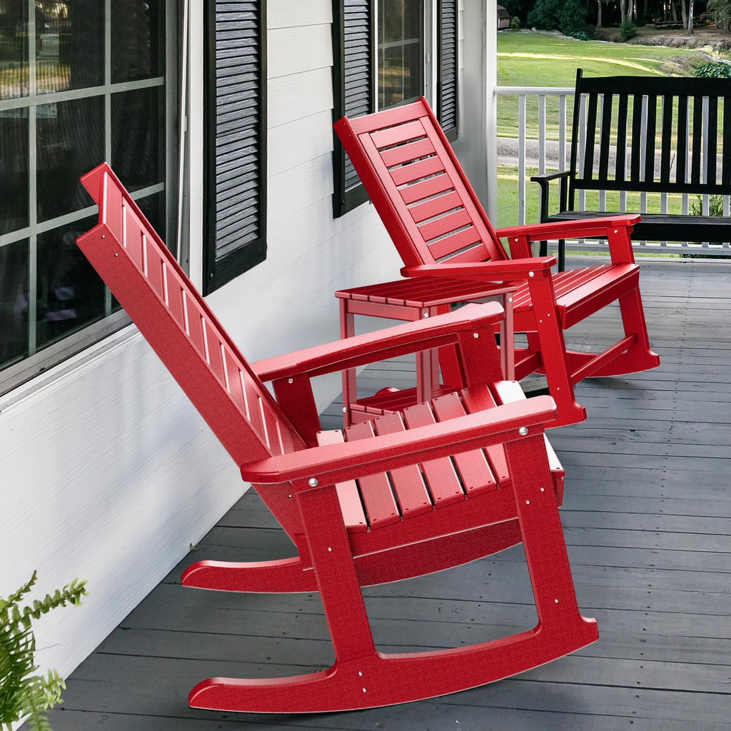 GREENVINES Outdoor Rocking Chairs | Set of 2 | Porch Rocker | HDPE Plastic | Black | Oversized Rockers | High Back | Big & Tall | Ladder Back | for Patio Outside Backyard Balcony Garden