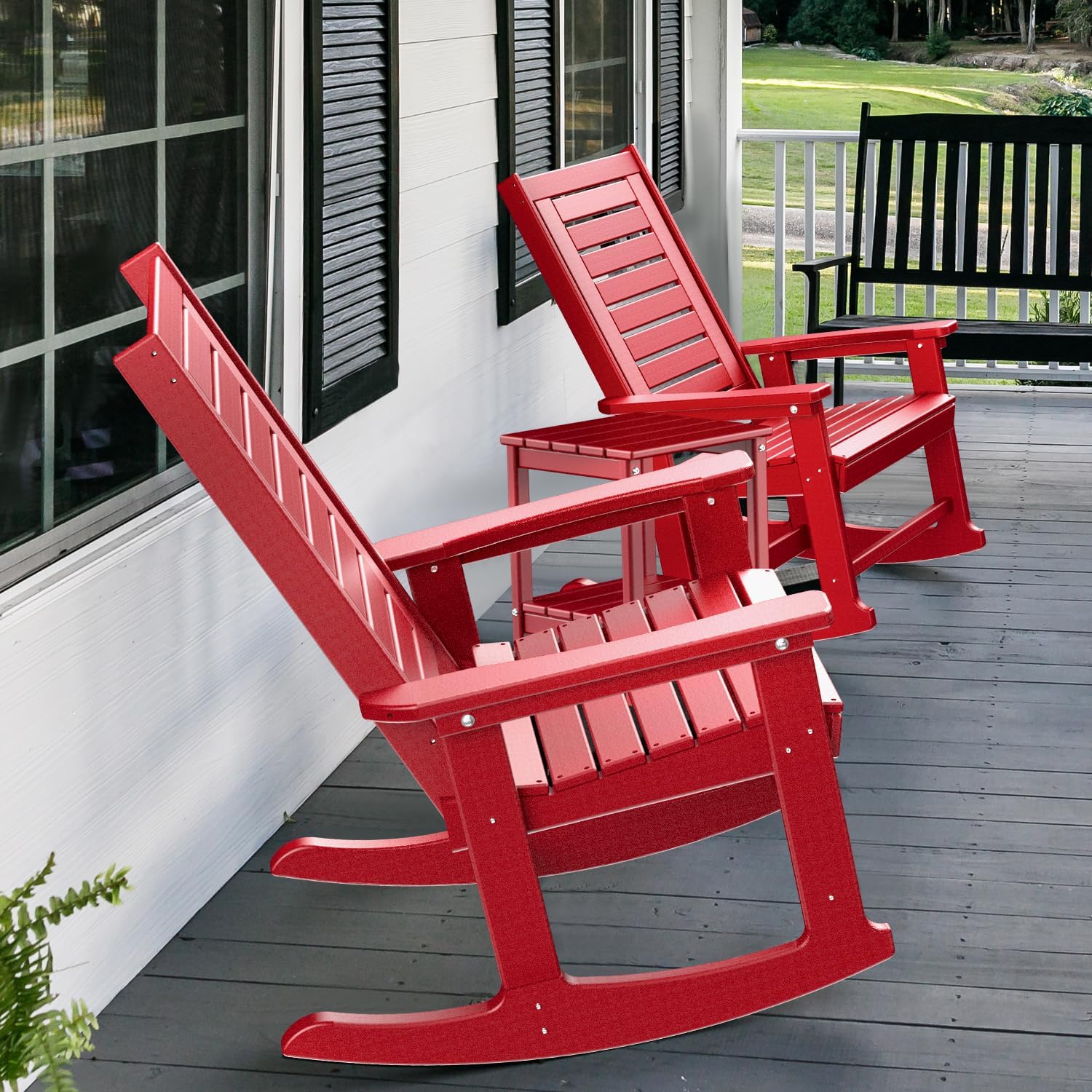 GREENVINES Outdoor Rocking Chairs | Set of 2 | Porch Rocker | HDPE Plastic | Black | Oversized Rockers | High Back | Big & Tall | Ladder Back | for Patio Outside Backyard Balcony Garden