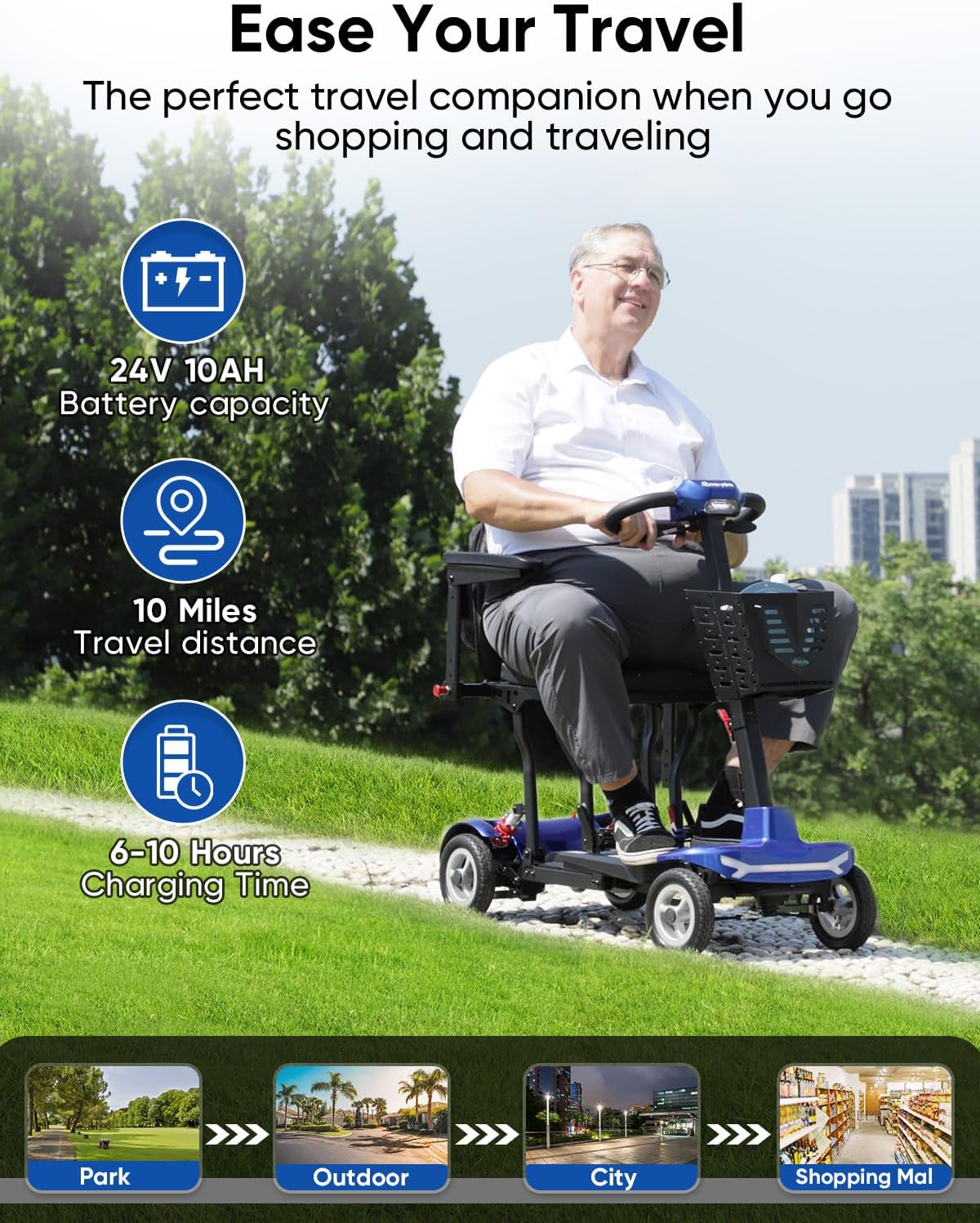 Mobility Scooter for Adults, Seniors - 37.5 lbs Ultra Lightweight Folding Mobility Scooters for Seniors Airport Approved, All Terrain 4 Wheel Motorized Scooter for Travel, 275 lbs Capacity, Blue