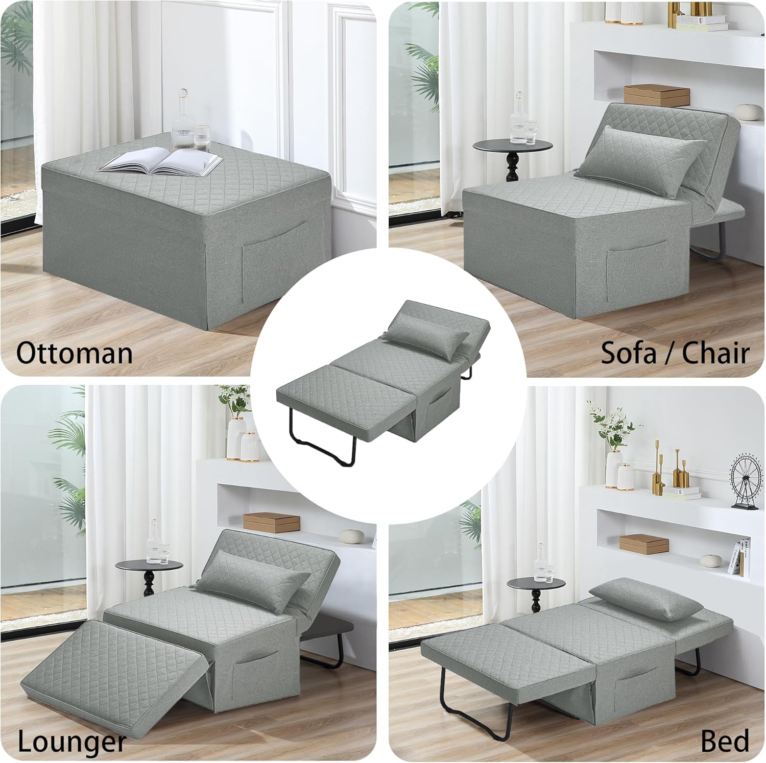 Sofa Bed, 4 in 1 Multi-Function Folding Ottoman Breathable Linen Couch Bed with Adjustable Backrest Modern Convertible Chair for Living Room Apartment Office