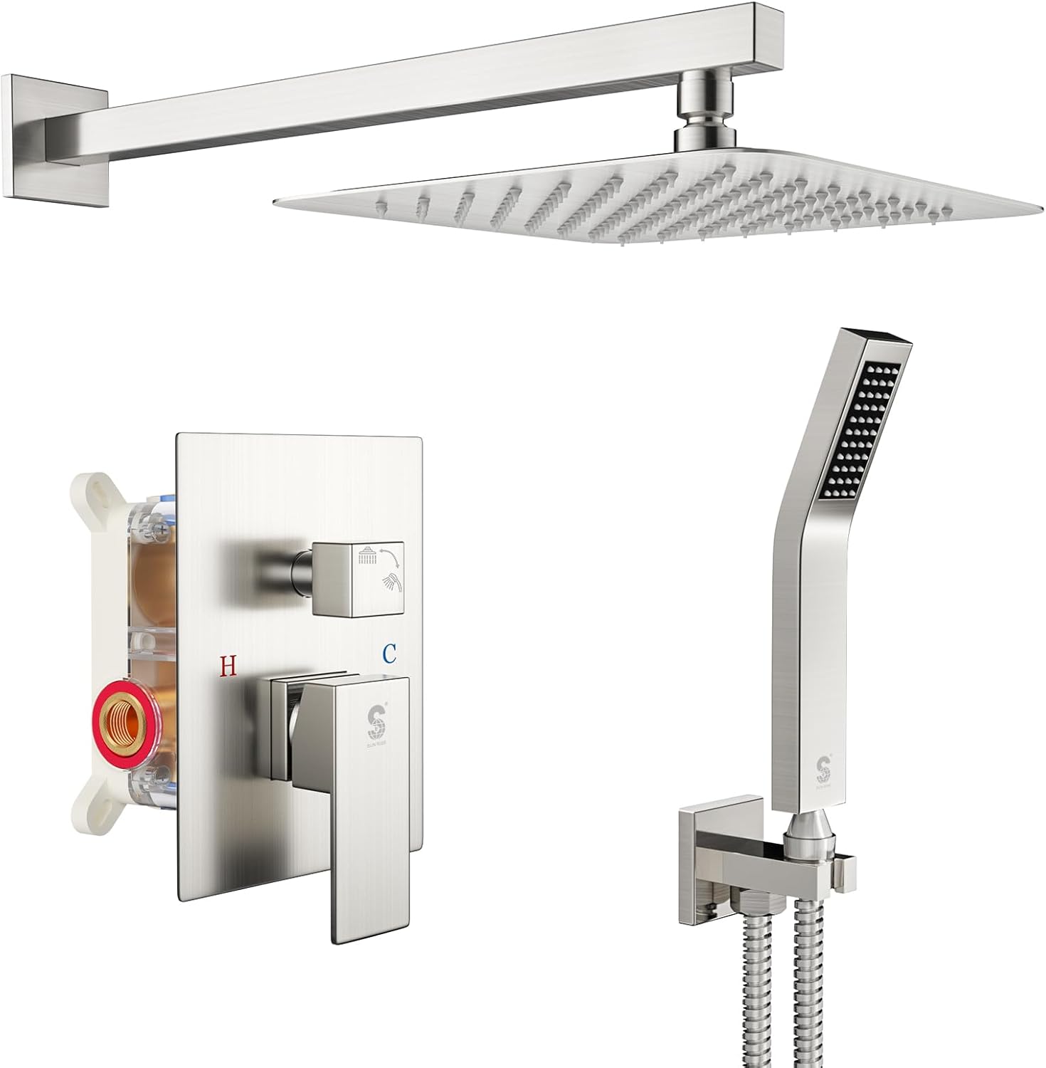 SR SUN RISE 12 Inches Matte Black Shower System 12 Inch Brass Bathroom Luxury Rain Mixer Shower Combo Set Wall Mounted Rainfall Shower Head System Shower Faucet Rough-in Valve Body and Trim Included