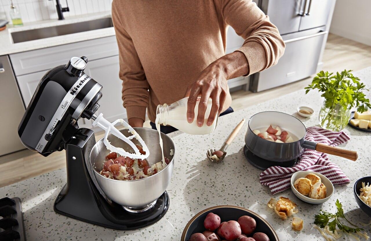 KitchenAid Classic Series 4.5 Quart Tilt-Head Stand Mixer K45SS, White & 5 Cup Food Chopper - KFC0516, Contour Silver