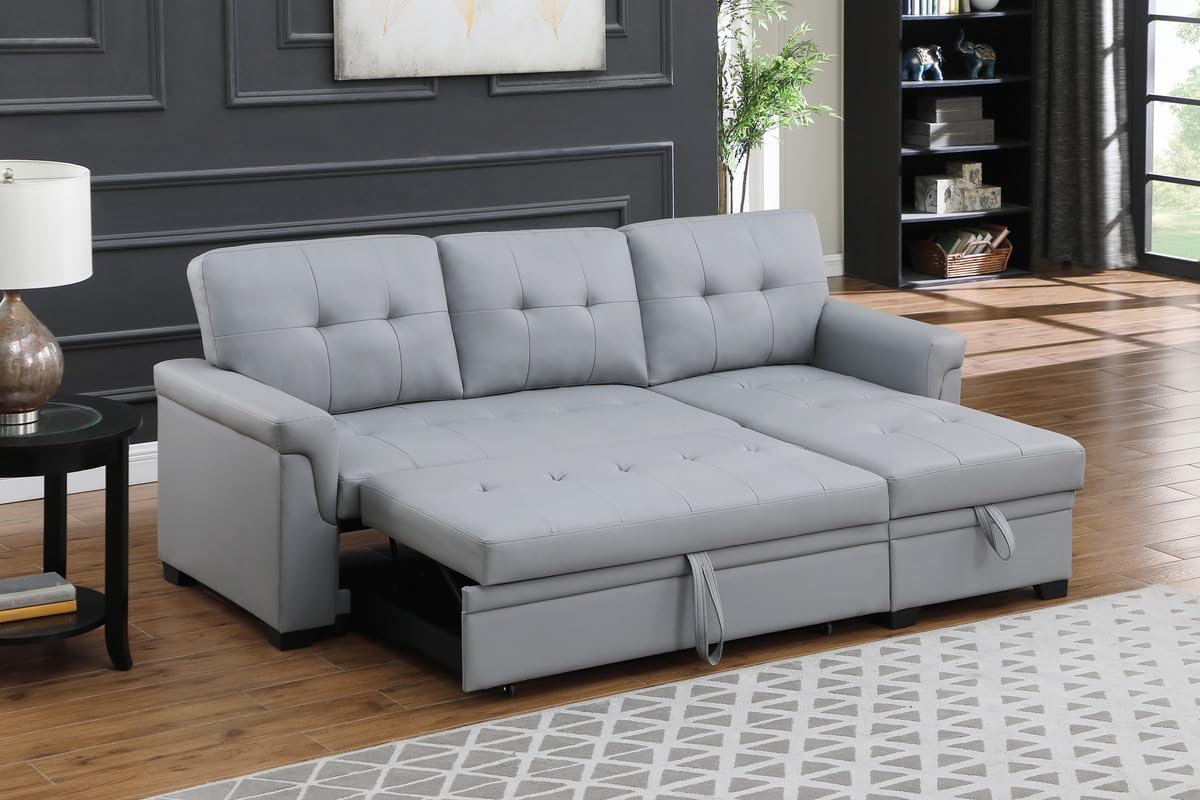 Lilola Home Lucca 84-inch Reversible Sleeper Sectional Sofa with Pull-Out Bed & Storage Chaise, Dark Gray Linen Fabric, Tufted Back, Modern Compact Couch for Living Room, Easy Assembly
