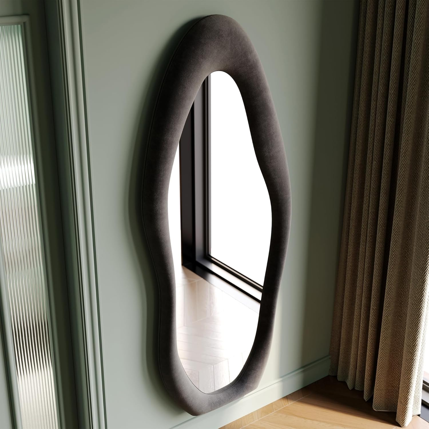 Honyee Full Length Mirror, 63" x 24" Wall Mirror, Flannel Wrapped Wooden Frame Full Body Mirror, Irregular Wavy Mirror Hanging or Leaning Against Wall for Cloakroom/Bedroom/Living Room, Ivory White