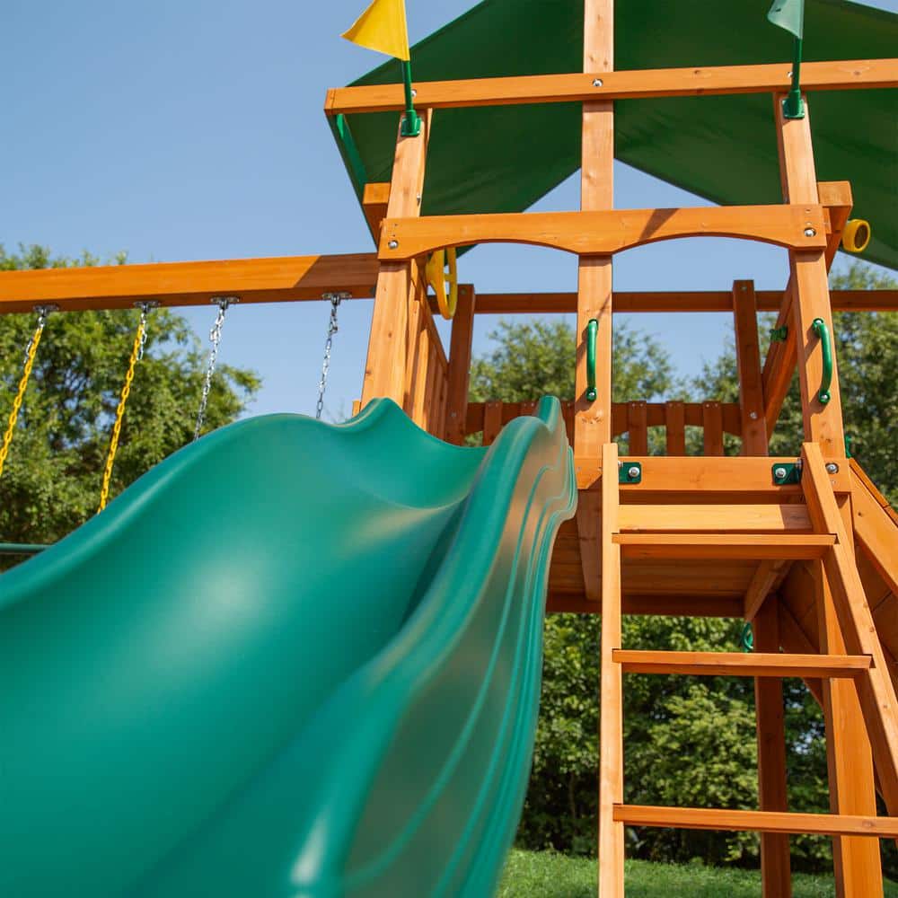 DIYOuting III Wooden Outdoor Playset with Tarp Roof, Rock Wall, Wave Slide, Swings, and Backyard Swing Set Accessories