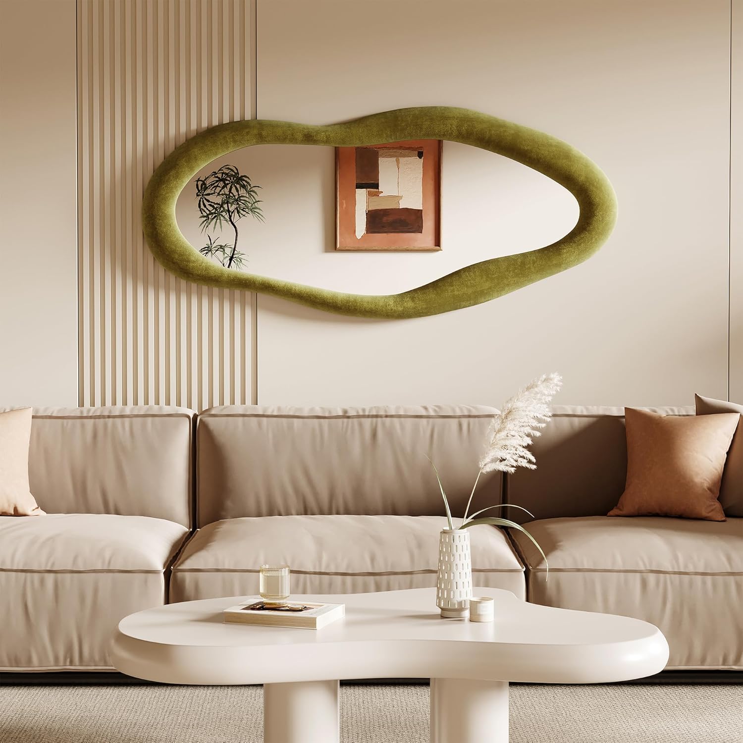 Honyee Full Length Mirror, 63" x 24" Wall Mirror, Flannel Wrapped Wooden Frame Full Body Mirror, Irregular Wavy Mirror Hanging or Leaning Against Wall for Cloakroom/Bedroom/Living Room, Ivory White