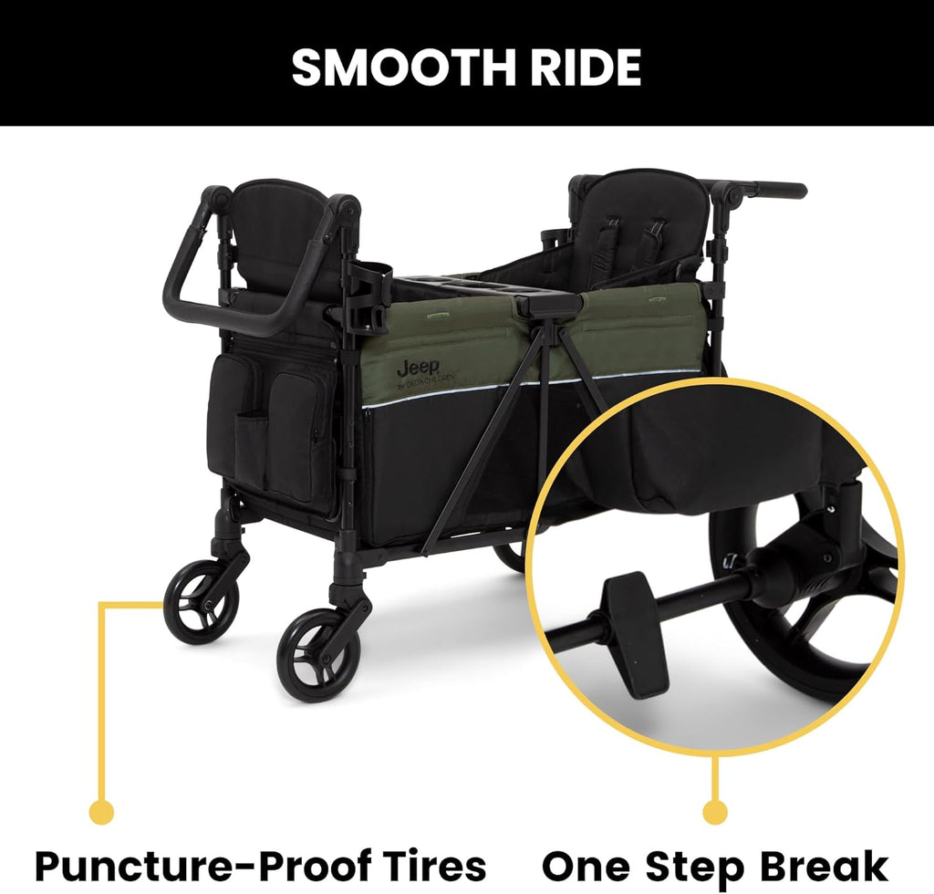 Delta Children - Jeep Wrangler Deluxe 4 Seater Stroller Wagon - Premium Quad Stroller Wagon for 4 Kids with Convertible Seats, Adjustable Push/Pull Handles, Removable Canopy & Flat Fold, Black/Green