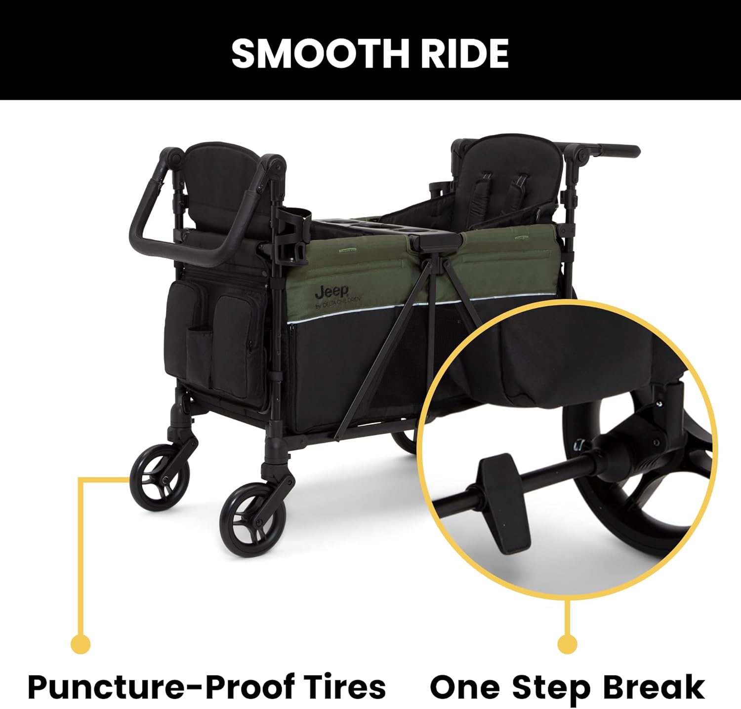Delta Children - Jeep Wrangler Deluxe 4 Seater Stroller Wagon - Premium Quad Stroller Wagon for 4 Kids with Convertible Seats, Adjustable Push/Pull Handles, Removable Canopy & Flat Fold, Black/Green