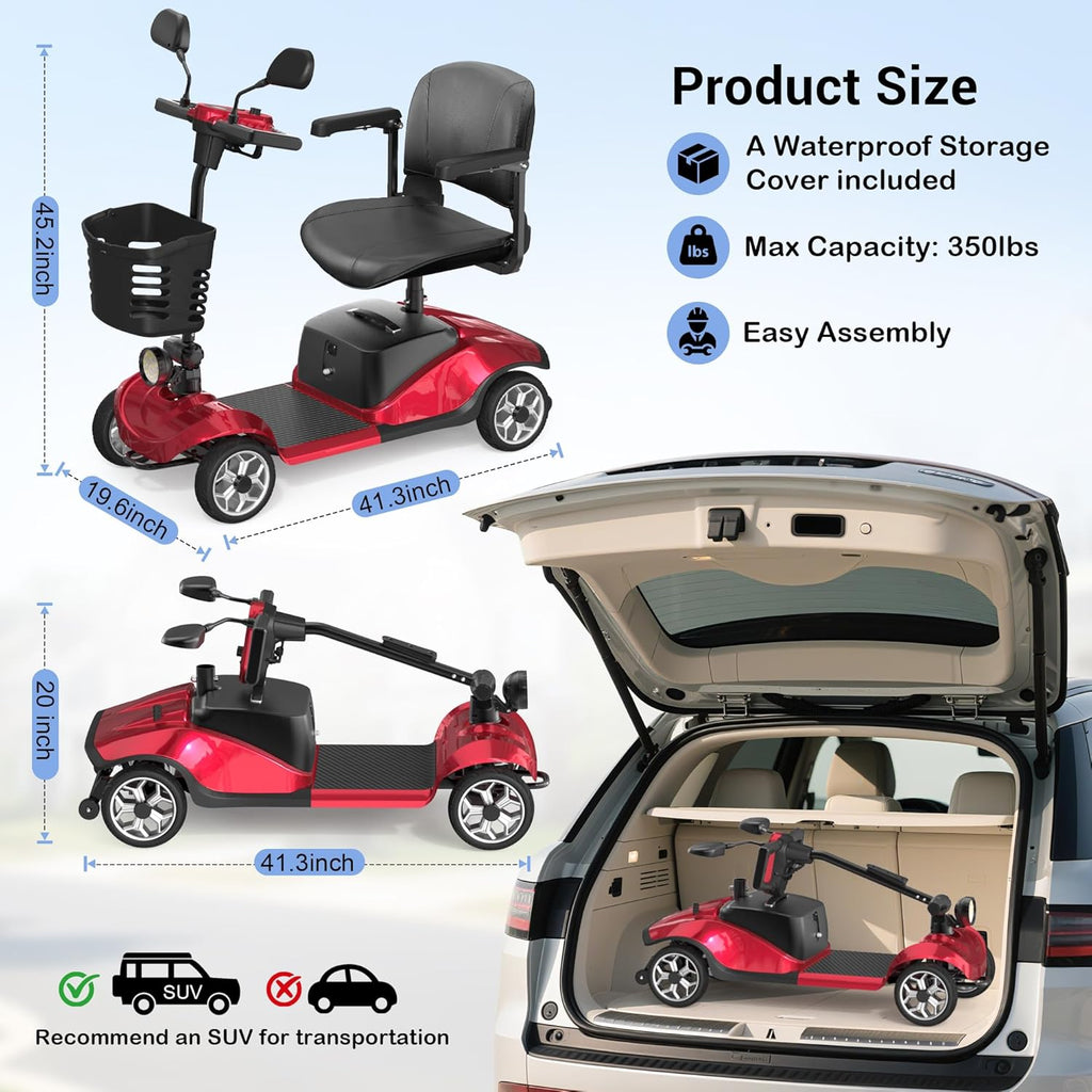 4-Wheel Mobility Scooter for Seniors, Foldable Electric Scooter, Lightweight Powered Electric Wheelchair, Compact Heavy Duty Scooter with Electromagnetic Brake, Rotating Seat, 350LBS Capacity-Red