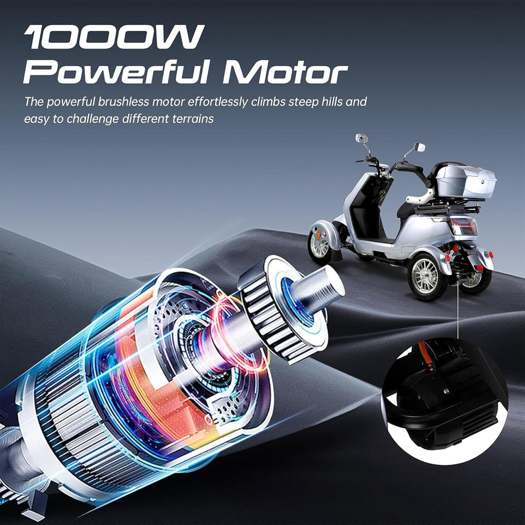 1000W 15 MPH Heavy Duty 4 Wheel Mobility Scooter 500lbs Loadweight, 3 Speed Control Mobility Scooters with 31 Mile Long Range Battery for Seniors & Adults Travel, 20° Max Climbing, Remote Key, Silver