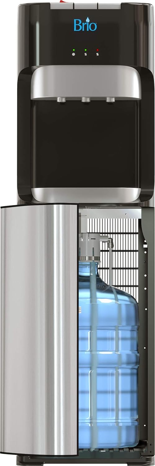 Brio Bottom Loading Water Cooler Dispenser for 5 Gallon Bottles - 3 Temperatures with Hot, Room & Cold Spouts, Child Safety Lock, LED Display with Empty Bottle Alert, Stainless Steel