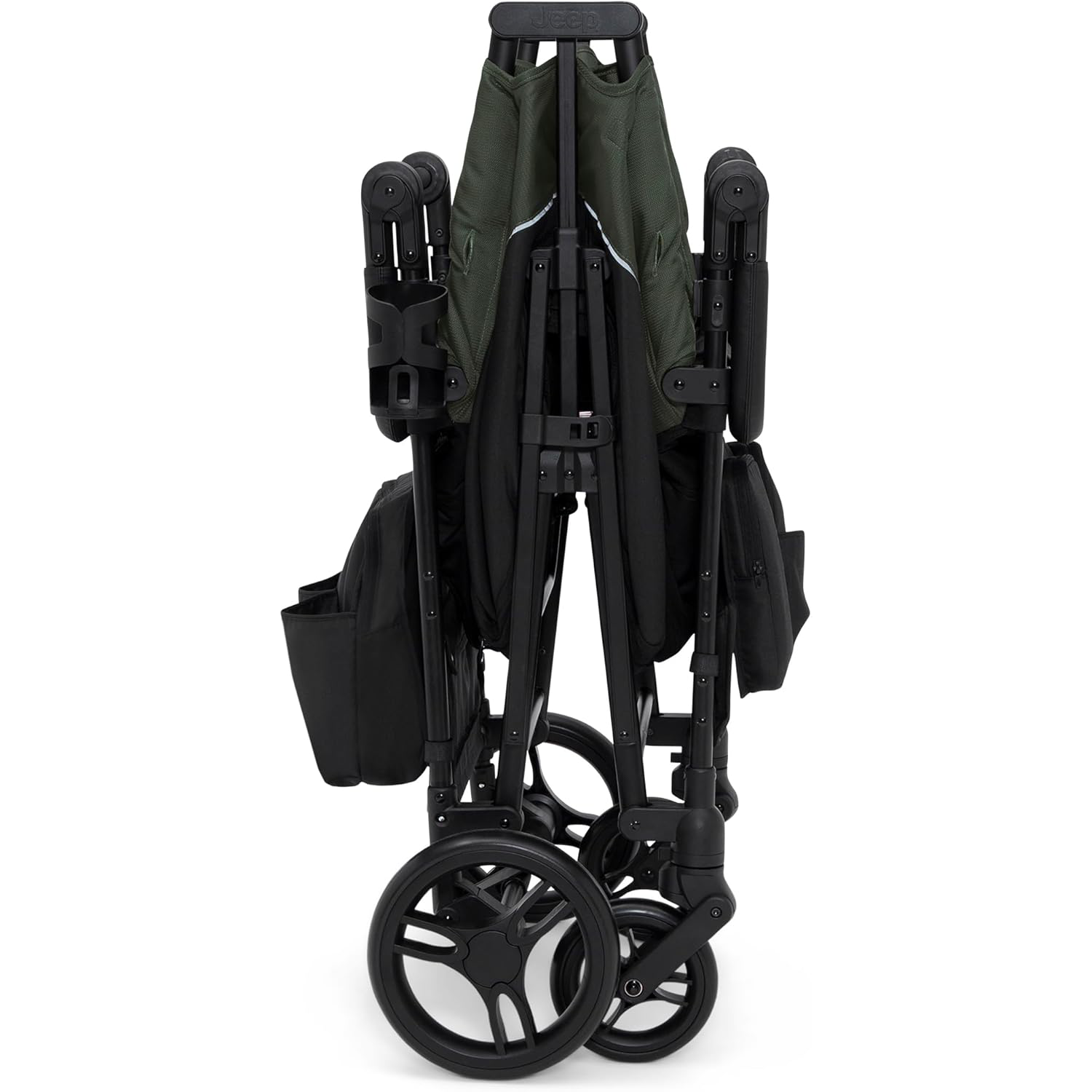 Delta Children - Jeep Wrangler Deluxe 4 Seater Stroller Wagon - Premium Quad Stroller Wagon for 4 Kids with Convertible Seats, Adjustable Push/Pull Handles, Removable Canopy & Flat Fold, Black/Green