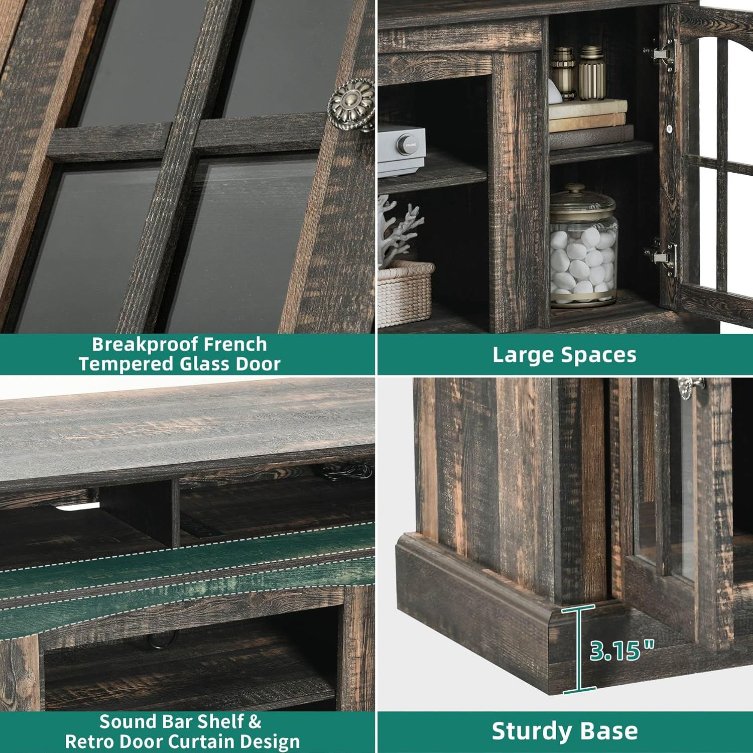 LED Farmhouse TV Stand for TV up to 75" w/Outlets, Highboy Media Entertainment Center Console Table Adjustable Storage Shelves &Cabinet Glass Door for 400lbs for Living Room
