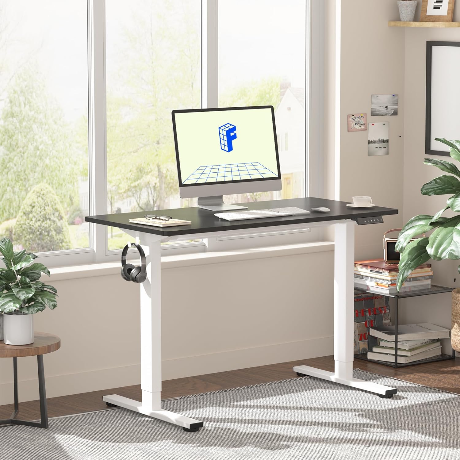 FLEXISPOT EN1 One-Piece Standing Desk 55 x 28 Inch Electric Adjustable Height Desk for Home Office and Computer Workstation (White Frame + 55" Maple Top, 2 Packages)