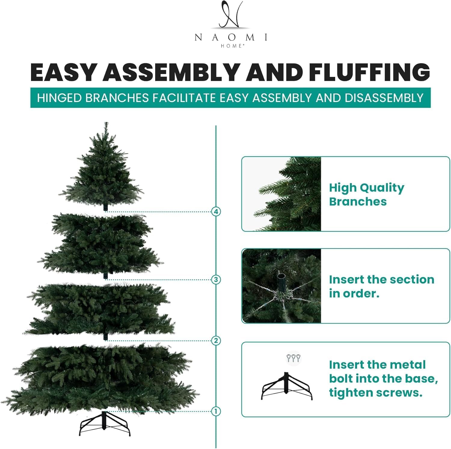 Naomi Home 6.5ft Rustic Christmas Tree with Lights, Realistic Classic Prelit with 2595 Branch Tips, 600 Warm Lights and Metal Stand, Aritificial Tree