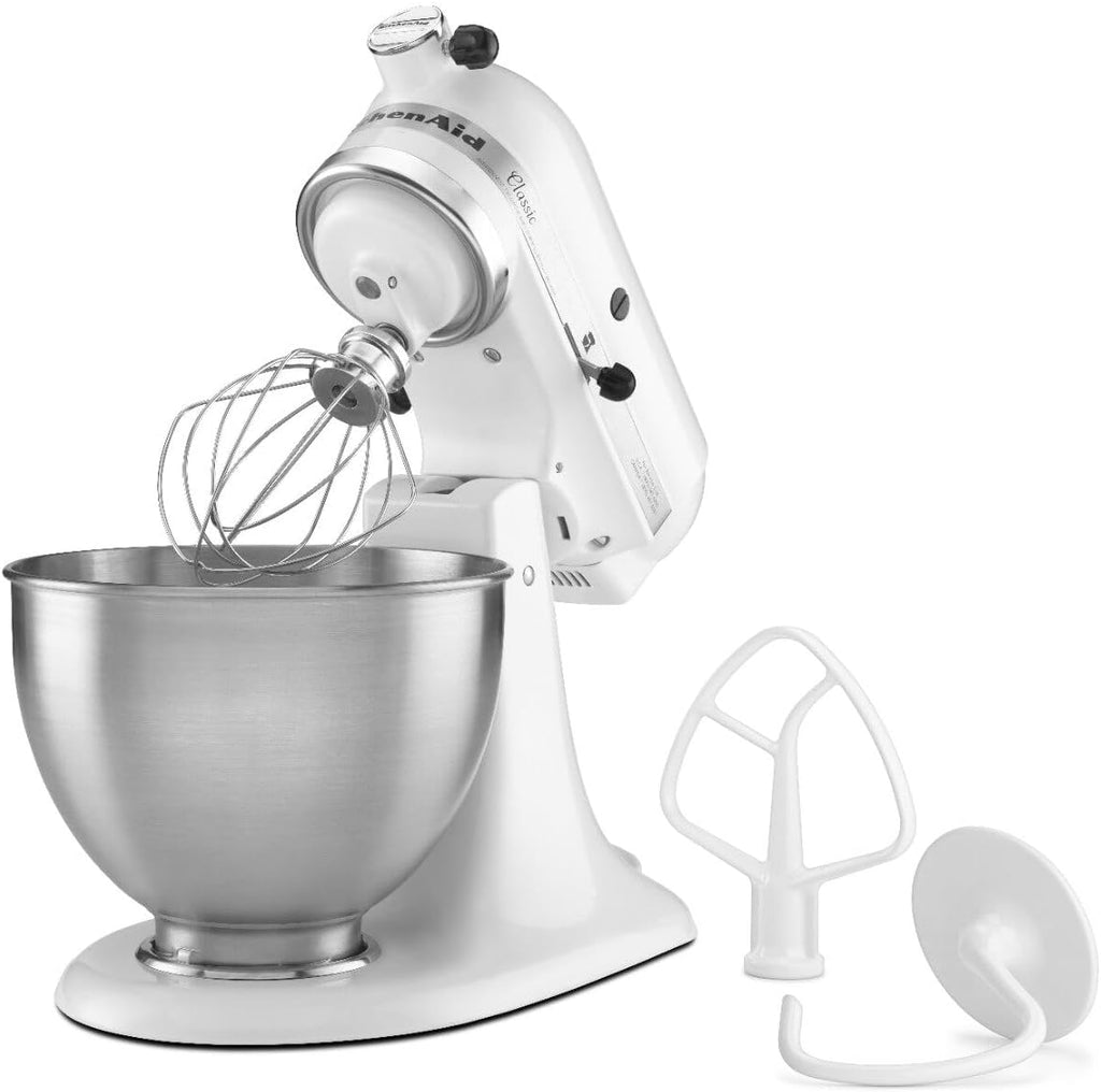 KitchenAid Classic Series 4.5 Quart Tilt-Head Stand Mixer K45SS, White & ® Food Grinder + Fresh Prep Slicer/Shredder Attachment Bundle, White