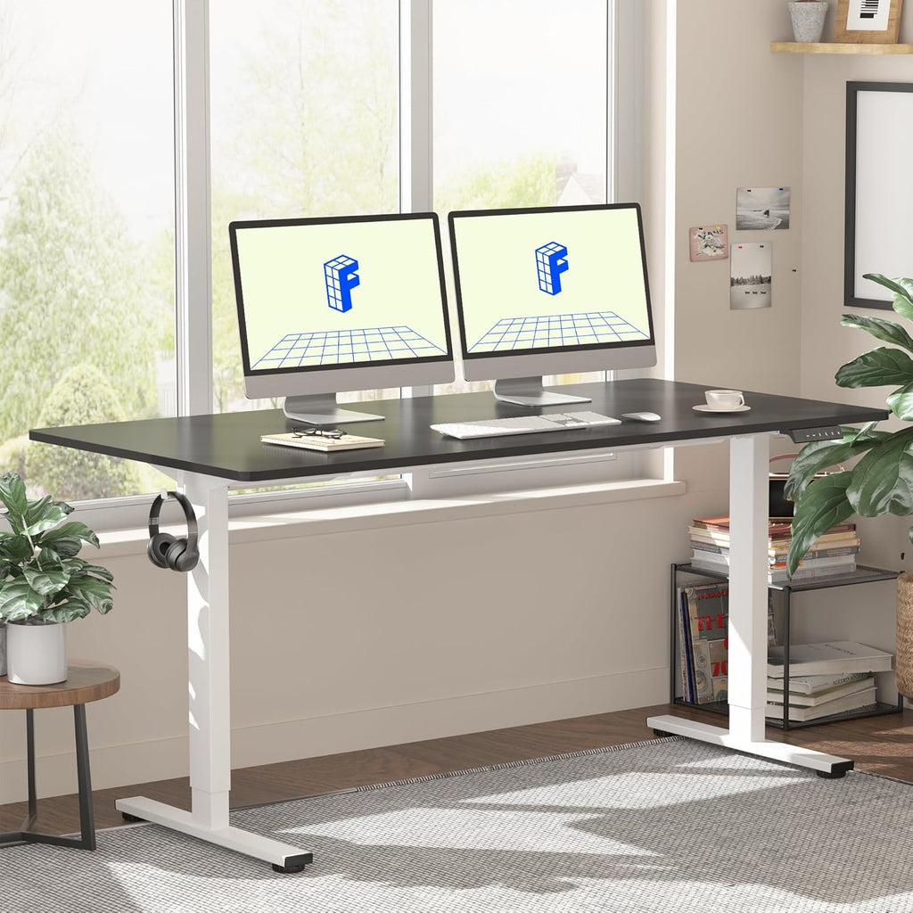 FLEXISPOT EN1 One-Piece Standing Desk 55 x 28 Inch Electric Adjustable Height Desk for Home Office and Computer Workstation (White Frame + 55" Maple Top, 2 Packages)